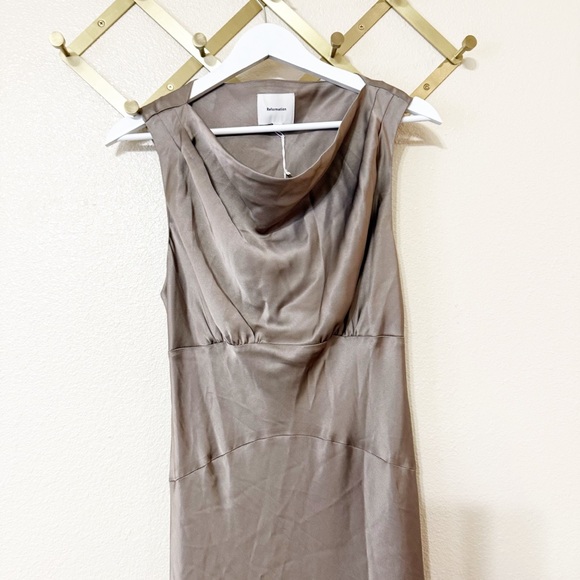NWT Reformation Dessa Satin Maxi Slip Cowl Bias Neck Dress in Taupe size 10 - Picture 13 of 13